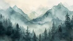 a painting of mountains and trees in the fog