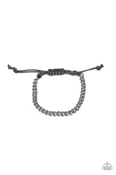 Shiny black cording knots around the ends of a gunmetal beveled curb chain that is wrapped across the top of the wrist for a versatile look. Features an adjustable sliding knot closure.

Sold as one individual bracelet. Adjustable Sliding Knot, Bracelet Colors, Mens Bracelet Black, Sliding Knot Closure, Men Bracelets, Inexpensive Gift, Sliding Knot, Black Bracelets, Paparazzi Accessories