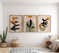 three framed art pieces hang on the wall next to a rug and potted plant