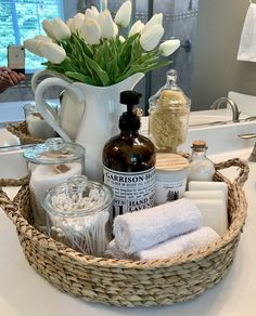 a basket filled with lots of bathroom items