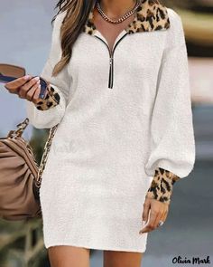 Color: white, Size: M Casual Chique Stijl, Style Désinvolte Chic, Zip Front Dress, Sweater Dress Casual, Fleece Dress, Stil Elegant, Long Sleeve Casual Dress, Mini Sweater Dress, Vestido Casual