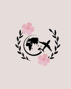 an airplane is flying over the earth with flowers around it on a light pink background