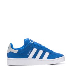 Embrace bolder proportions and a fresh look with these youth shoes, remixing the iconic adidas Campus 80s style to match today's mindset. Updated leather upper, classic 3-Stripes and Y2K branding forge a new Campus identity for the next generation. Features: Regular fit. Thick laces for a nod to the 00s. Textile lining with padded collars and tongue for comfort. Cupped heel for durability. Cushioned Bounce midsole. Details: Classic lace closure. Upper: Textile. Midsole: Bounce. Outsole: Rubber. Campus 00s Blue, Y2k Branding, Adidas Blue Sporty Skate Shoes, White And Blue Adidas Shoes, Adidas Blue High-top Skate Shoes, Adidas Blue Stripes Shoes, Adidas Campus 80s, Youth Shoes, 80s Style