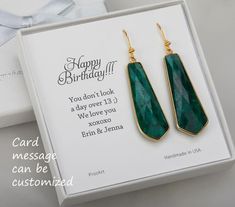 A pair of tie-shaped natural emerald stones set in a gold plated bezel:1. Stone : emerald (natural gemstone)2. Stone size: 42 x 15 mm in tie shape3. earring total length ~ 60 mm4. bezel material: gold plated5. earring hook: gold plated6. an optional custom jewelry card printed with your own message, if you are sending these as a gift.Earrings of other stones/in other colors are available. Please browse my other earring listings or send you inquiry. Elegant Birthstone Earrings For Birthday, Green Drop Earrings For Birthday, Elegant Green Earrings For Mother's Day, Gold Emerald Earrings For Gift, Elegant May Birthstone Jewelry For Birthday Gift, Elegant May Birthstone Jewelry For Birthday, Green Jewelry For Birthday And Mother's Day, Emerald Dangle Jewelry For Anniversary, Elegant Gemstone Jewelry For Birthday Gift