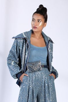 Indigo blue bomber jacket with all-over tile print, sequin embroidery and zip closure.
Component: 1
Printed, Embroidered
Neckline: Round
Sleeve Length: Full
Fabric: Sheeted Crepe
Color: Blue
Zip closure
Note: T-Shirt and pant worn by the model is not for sale - Aza Fashions Jacket Fabric, Blue Tile, Tile Print, Jacket For Women, Wide Pants, Color Print, Blue Tshirt, Indigo Blue, Blue Fabric