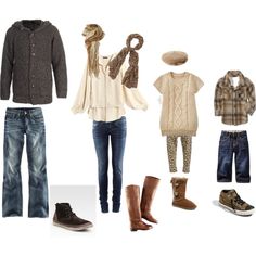 an assortment of clothing and accessories including shoes, scarves, sweaters and boots