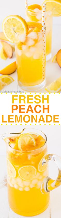 two glasses filled with fresh peach lemonade on top of a white table next to sliced oranges