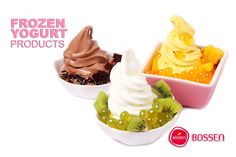 three bowls filled with different types of frozen yogurt and kiwi fruit slices