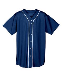 a blue baseball jersey with white piping on the chest and collar, front view