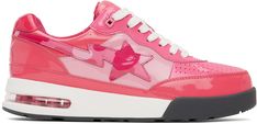 Low-top paneled patent leather sneakers in pink. Camouflage pattern throughout. · Perforated detailing at toe · Lace-up closure · Padded tongue and collar · Logo appliqué at sides · Logo embroidered at heel · Mesh lining · Treaded rubber sole Supplier color: Pink Pink Sneakers With Logo-print Tongue, Pink Low-top Sneakers With Logo-print Tongue, Pink High-top Sneakers With Logo Patch, Pink Sneakers With Logo-print Tongue For Streetwear, Sporty Pink High-top Sneakers With Logo Patch, Pink High-top Sneakers With Translucent Outsole For Streetwear, Low-top Patent Leather Sneakers For Streetwear, Lace-up Patent Leather Sneakers For Streetwear, Casual High-top Patent Leather Sneakers