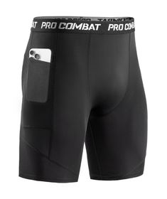 a black boxer shorts with the word combat written on it and an ipod pocket in the side pocket