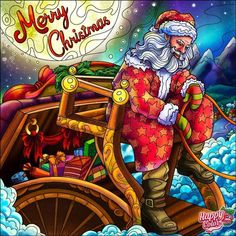 a christmas card with santa claus on top of a ship