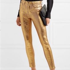 Nwt L'agence Margot High Rise Skinny Gold Foil Pants - Size 26 Condition: Excellent Condition! Nwt! No Known Flaws! See All Pictures For Any Signs Of Wear, As They Are Part Of The Description. Size: 26 Measurements (All Approximate And Taken Flat): Length: 34.5" Waist: 13" Inseam: 25.5" Rise: 9.5" Features: - Gold Crackle Foil /Khaki Inside - High Rise - Margot Style - Skinny Leg - Zip Fly - Belt Loops - 5 Pocket Construction - 94% Cotton 4% Polyester 2% Spandex. Tags: Summer Spring Eurosummer N Luxury Gold Formal Bottoms, Gold High Waist Pants For Workwear, Gold High Waist Pants For Work, Chic Gold Pants For Workwear, Chic Gold Bottoms For Workwear, Chic Gold Bottoms For Work, Chic Fitted Gold Bottoms, Chic Gold Fitted Bottoms, Robes Satin