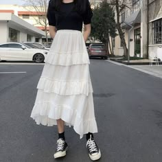 White Tiered Skirt, Long Ruffled Skirt, Empire Pattern, Ruffle Skirts, Asymmetrical Midi Skirt, Ruched Midi Skirt, Goth Vintage, Ruffle Maxi Skirt, Tiered Midi Skirt