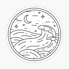 a black and white drawing of waves in a circle with stars on the top sticker