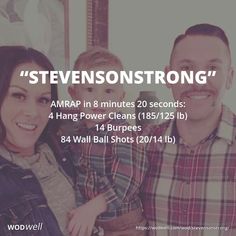 a man and woman standing next to each other in front of a mirror with text that reads steensonstrong amrap in 8 minutes 20 seconds 4 hang power cleans