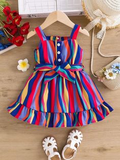 Infant/Baby Girl Colorful Stripe Ruffle Hem Button Decorated Casual Dress, Summer Fashion & Cute Multicolor   Sleeveless Woven Fabric Geometric Cami Non-Stretch  Baby Girls Clothing, size features are:Bust: ,Length: ,Sleeve Length: Multicolor Dress Outfit, Kid Dress Pattern, Dress Patterns For Kids, Cotton Baby Dress, Sleeveless Dress Pattern, Kids Summer Dresses, Fancy Short Dresses, 2piece Outfits