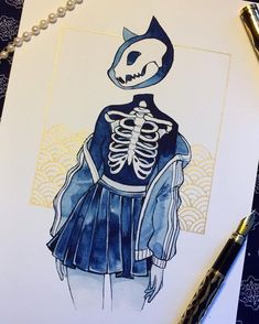 a drawing of a skeleton in a blue dress with a cat on it's head