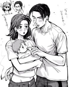 a man and woman holding a baby in their arms, with the child's face drawn