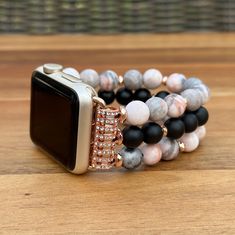 Please note that the length of the bracelet does not include the watch Elevate your Apple Watch with our IWatch Handmade Replacement Band, a meticulously crafted accessory that seamlessly blends style and comfort. This high-quality watch band is thoughtfully designed for use with Apple Watches, featuring a striking combination of Pink Zebra stone and Black Onyx beads in the middle row. Constructed with precision, the band boasts a stretchy elastic design that ensures a snug and comfortable fit a Apple Watch Pink Band, Black Bracelet Strap Apple Watch Band, Luxury Pink Watch Band With Bracelet Strap, Pink Apple Watch Band With Bracelet Strap, Luxury Adjustable Pink Watch Band, Apple Watch Bracelet, Apple Watches, Apple Watch Models, Watch Bracelet