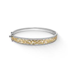 40802 - 14K White Gold and 14K Yellow Gold - Nalani Hinged Bangle Luxury Heirloom Hinged Bangle, Traditional Hinged Bangle Jewelry, Vintage White Gold Hallmarked Bangle, Antique Hallmarked Bangle Bracelets, Vintage Hinged Bangle, Hinged Bangle, 1 Carat, Hinges, Bangle Bracelets