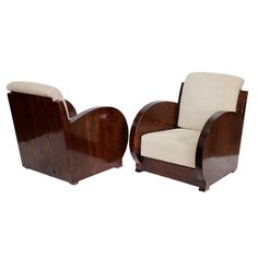 pair of art deco chairs in walnut and cream fabric