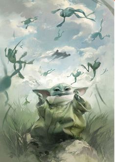 the child yoda is sitting on top of a rock and surrounded by flying birds