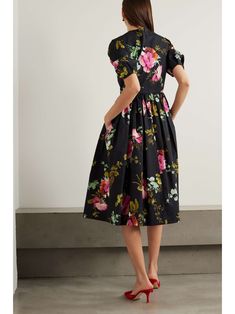 Chic Knee-length Floral Print Puff Sleeve Dress, Cotton Midi Dress With Gathered Sleeves For Garden Party, Cotton Midi Dress With Floral Print For Work, Chic Midi Dress With Floral Print And Puff Sleeves, Knee-length Cotton Puff Sleeve Dress With Floral Print, Chic Puff Sleeve Dress With Floral Print For Daywear, Floral Midi Dress With Gathered Sleeves, Elegant Cotton Floral Midi Dress, Black Cotton Midi Dress With Floral Print