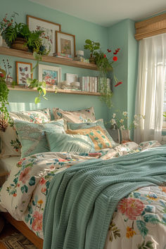 room ideas, bedroom inspo, small bedrooms, small rooms, mid century bedroom, blue bedroom, boho bedroom Decorating A One Bedroom Apartment, Colourful Aesthetic Bedroom, Cozy Colors For Bedroom, Small Bedroom Ideas King Size Bed, Simple Cottage Bedroom, Blue Green Pink Bedroom, Mint Blue Room, Mint Room Ideas, Girls Green Bedroom Ideas