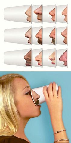 a woman drinking from a white cup with six different stages of her nose to the side