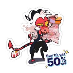 a sticker with an image of a cartoon character holding a pile of paper and the text buy 10 get 50 % off