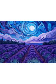 a painting of a lavender field with the moon in the sky and clouds above it