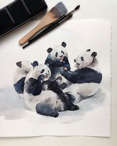 watercolor painting of pandas on white paper next to paintbrushes and brush