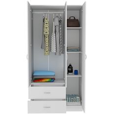 an open white closet with clothes and other items