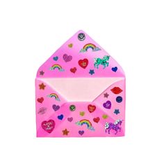 a pink envelope with hearts, stars and unicorns on the inside is shown in front of a white background