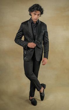 Jatin Malik | Pique Black Tuxedo Set | INDIASPOPUP.COM Black Silk Tuxedo For Evening Events, Black Silk Tuxedo For Evening, Fitted Designer Formal Sets, Designer Fitted Formal Sets, Fitted Designer Sets For Formal Occasions, Fitted Party Wear Sets For Evening, Elegant Embellished Sets For Festive Season, Elegant Bandhgala With Intricate Embroidery, Black Silk Tuxedo For Party