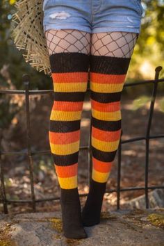 Trick or Treat Stripes Thigh High | Sock Dreams Striped Thigh High Socks, Thigh High Sock, Waterproof Socks, Thigh High Socks, Toe Socks, Sweater Style, Dress Socks, Cozy Sweater, Candy Corn