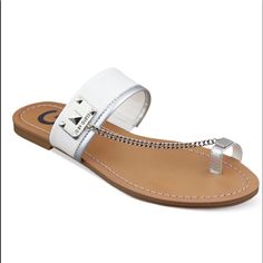 G By Guess Lucia Toe Ring White Flat Sandals. Nwob. White Flat Sandals, Burgundy Sandals, Guess Sandals, Strappy Sandals Gladiators, Cork Sandals, Red Flats, White Flat, Pink Sandals, Metallic Sandals