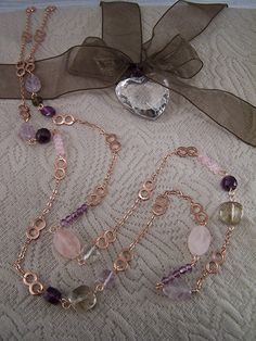 Rose Gold Necklace Set with Faceted Gemstones of Amethyst and Quartz  259S Elegant Rose Gold Necklaces With Gemstone Beads, Elegant Rose Gold Jewelry With Gemstone Beads, Rose Gold Gemstone Necklaces For Party, Rose Gold Gemstone Necklace For Party, Elegant Rose Gold Amethyst Jewelry, Formal Rose Gold Amethyst Necklace, Elegant Rose Quartz Necklaces With Gemstone Beads, Elegant Rose Gold Amethyst Necklace, Gold Jewelry With Faceted Amethyst Beads