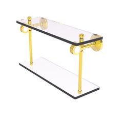 two tiered glass shelf with gold metal handles and clear glass shelves on each side