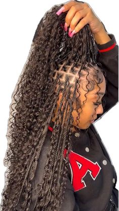 Retro Braids Black Women, Cool Braided Hairstyles Unique, Italian Curly Hair Weave, Braids With Outfits, Boho Braids Waist Length, Boho Goddess Braids Human Hair, Braids For Black Women With Curls, No Part Sew In Weave, Xs Boho Knotless Braids