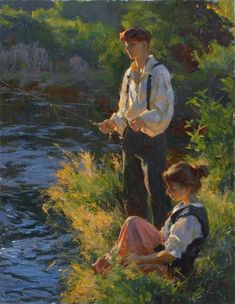 an oil painting of two people fishing in the water