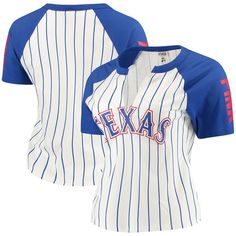 Women's Texas Rangers PINK by Victoria's Secret White/Royal Split Neck Shrunken Raglan T-Shirt Baseball Season Jersey Crew Neck Tops, Jersey Tops For College During Baseball Season, Jersey Crew Neck Tops For Baseball Season, Baseball-themed Jersey Tops With Graphic Print, Graphic Print Jersey Tops For Baseball Season, Fitted Tops For Game Day With Team Spirit, Jersey Tops For Baseball Season Fan Gear, Fitted Team Name Tops For Fans, Fitted Game Day Tops For Team Spirit