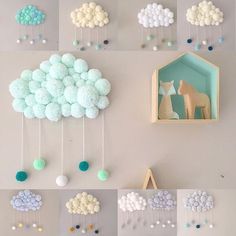 there is a wall decoration with clouds and stars on it, including a wooden star