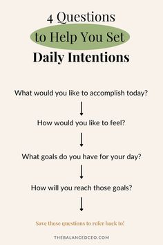 Having daily intentions comes with more gratitude, more presence, and more peace. These questions will help you set intentions for the day. Setting Daily Intentions, Setting Intentions For The Day, How To Set Intentions, Intensions Ideas, Daily Intentions Journal