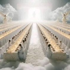 an image of a long table surrounded by clouds