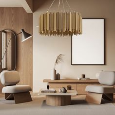 a living room filled with furniture and a chandelier hanging over the top of it