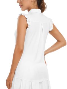 Swing with Your Style Solid Sleeveless Shirt For Summer, White Sleeveless Shirt For Work, Elegant Sleeveless Shirt For Workwear, Elegant Sleeveless Shirt For Summer, Elegant Sleeveless Summer Shirt, Ruffle Sleeve Tops For Office In Summer, Collared Ruffle Shirt, Summer Office Tops With Ruffle Sleeves, Tennis Shirts