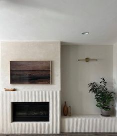 a living room with a fireplace, potted plant and pictures on the wall above it