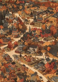 an illustration of a town with lots of trees and houses in the fall colors on it